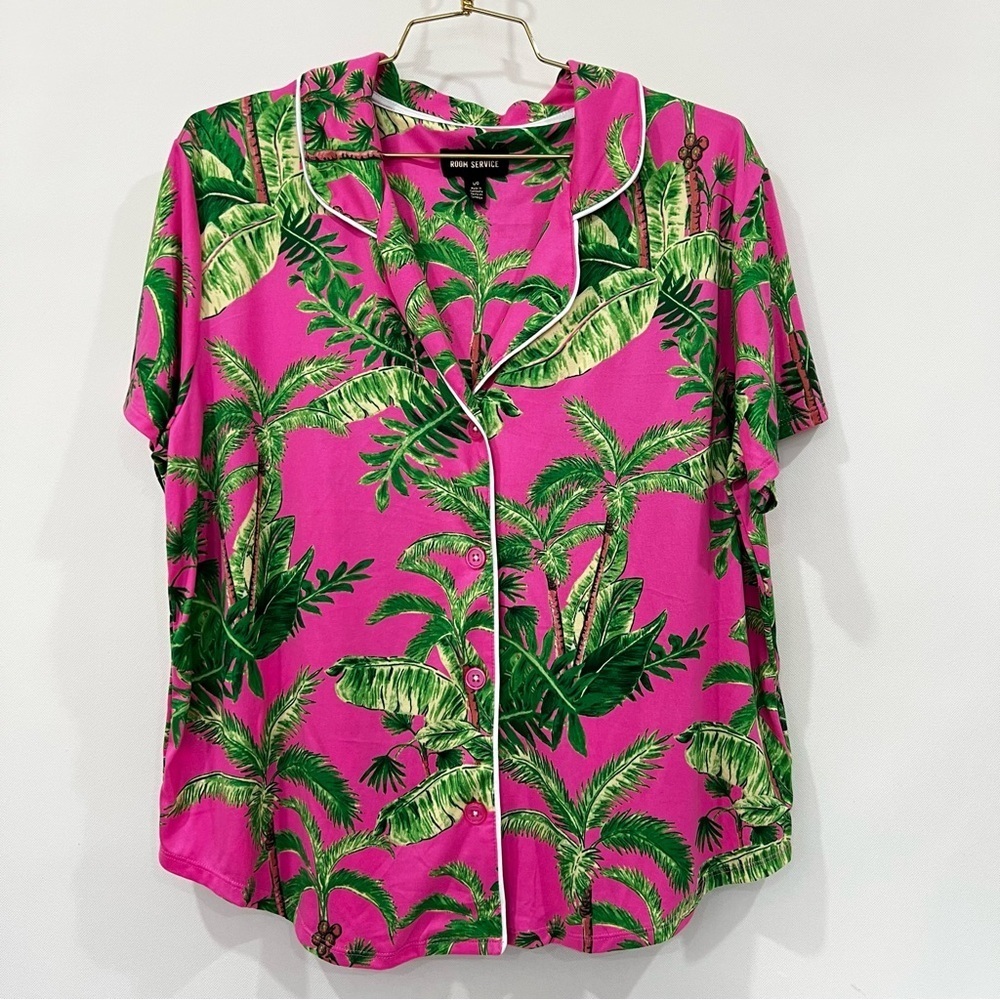 Room Service Pajama Top Size Large Pink Green Palm Print Tropical Short Sleeve